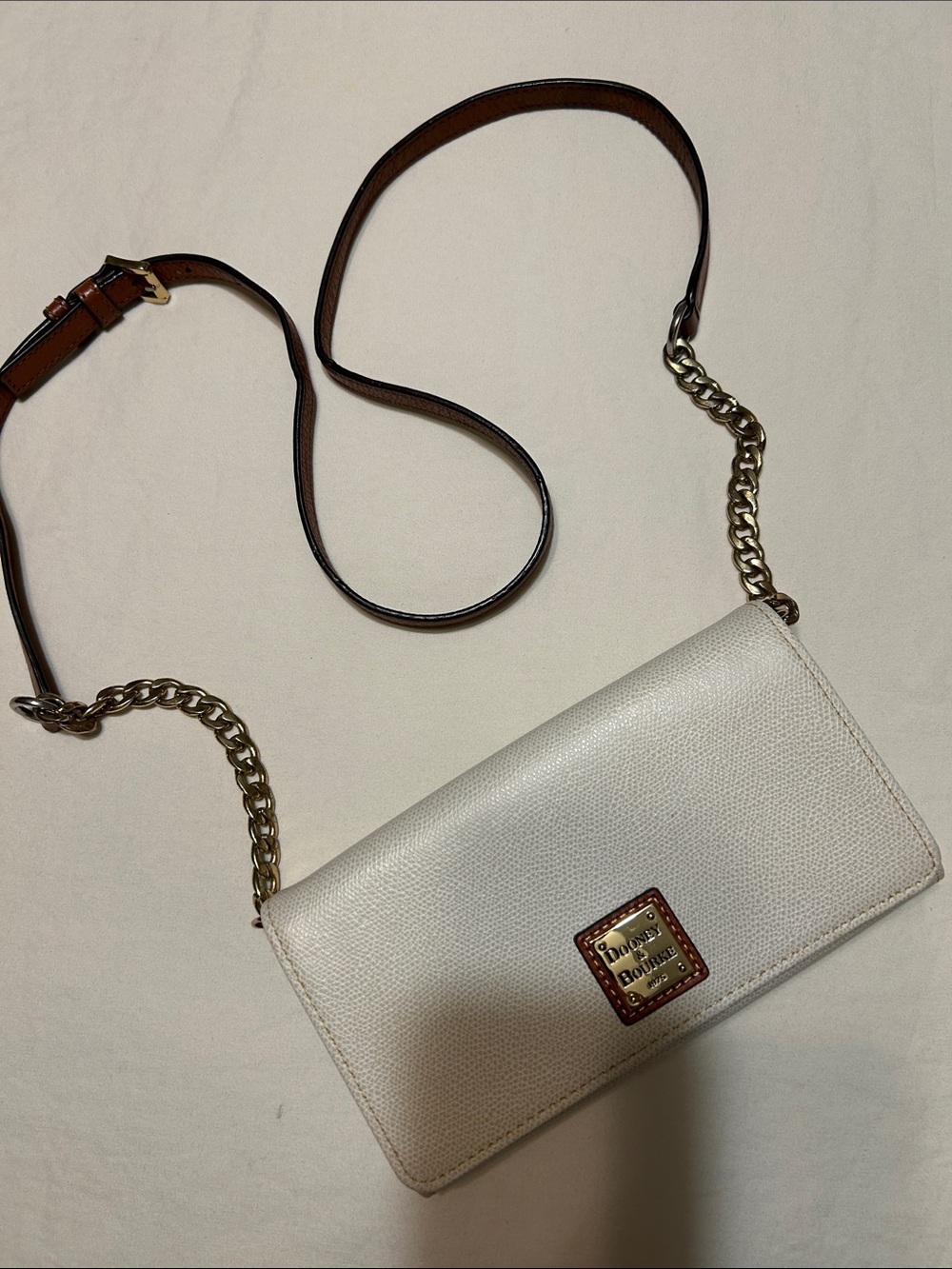 Dooney & Bourke Cream Pebble Leather Crossbody with Gold Chain